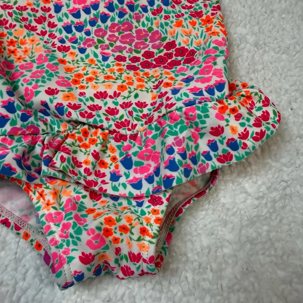 OshKosh Floral Neon Swimsuit Peplum Ruffle Baby Girl 9-12 Months One Piece
